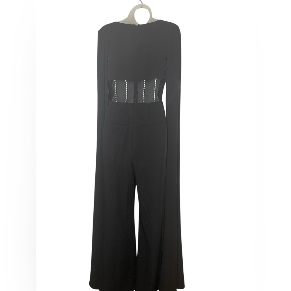 Mac Duggal New 49853 Sample Black Jumpsuit Cape Sleeves Sheer Abdomen Size 2 - Picture 8 of 10